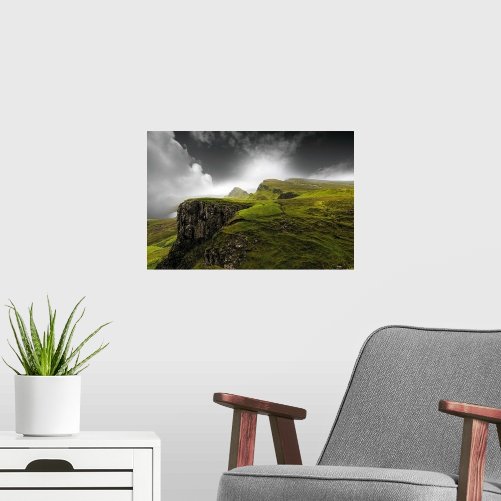 A modern room featuring Fine art photo of a misty valley with rocky cliffs.