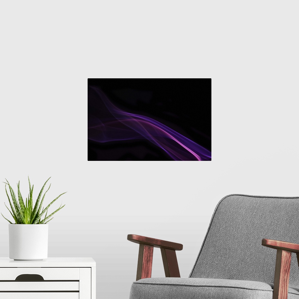 A modern room featuring An abstract macro photograph of a sinuous purple line of smoke against a black background.