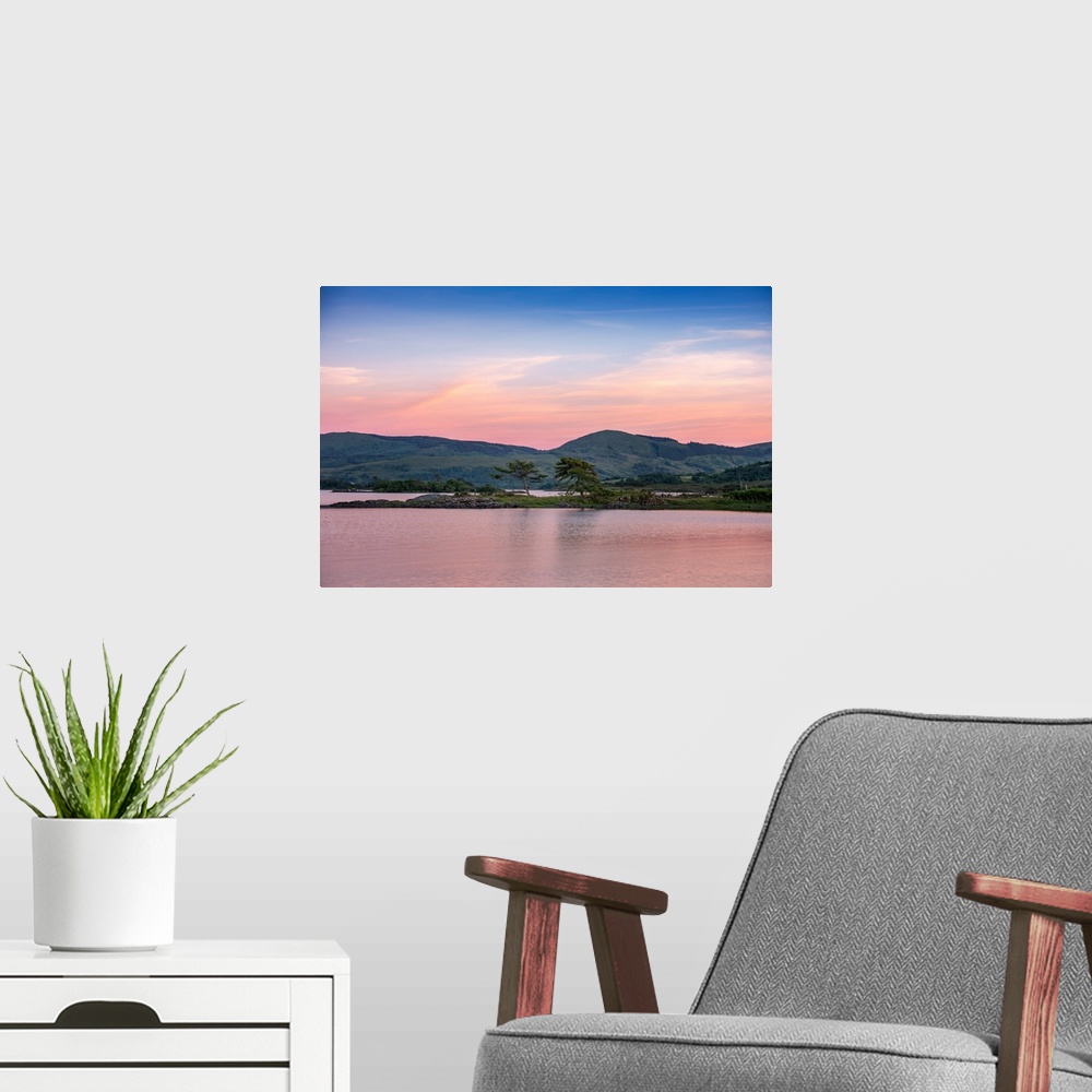 A modern room featuring Peaceful landscape at dawn