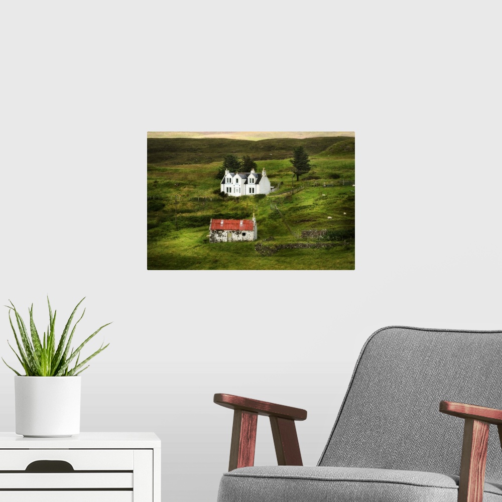 A modern room featuring Fine art photo of two houses in the Scottish countryside.