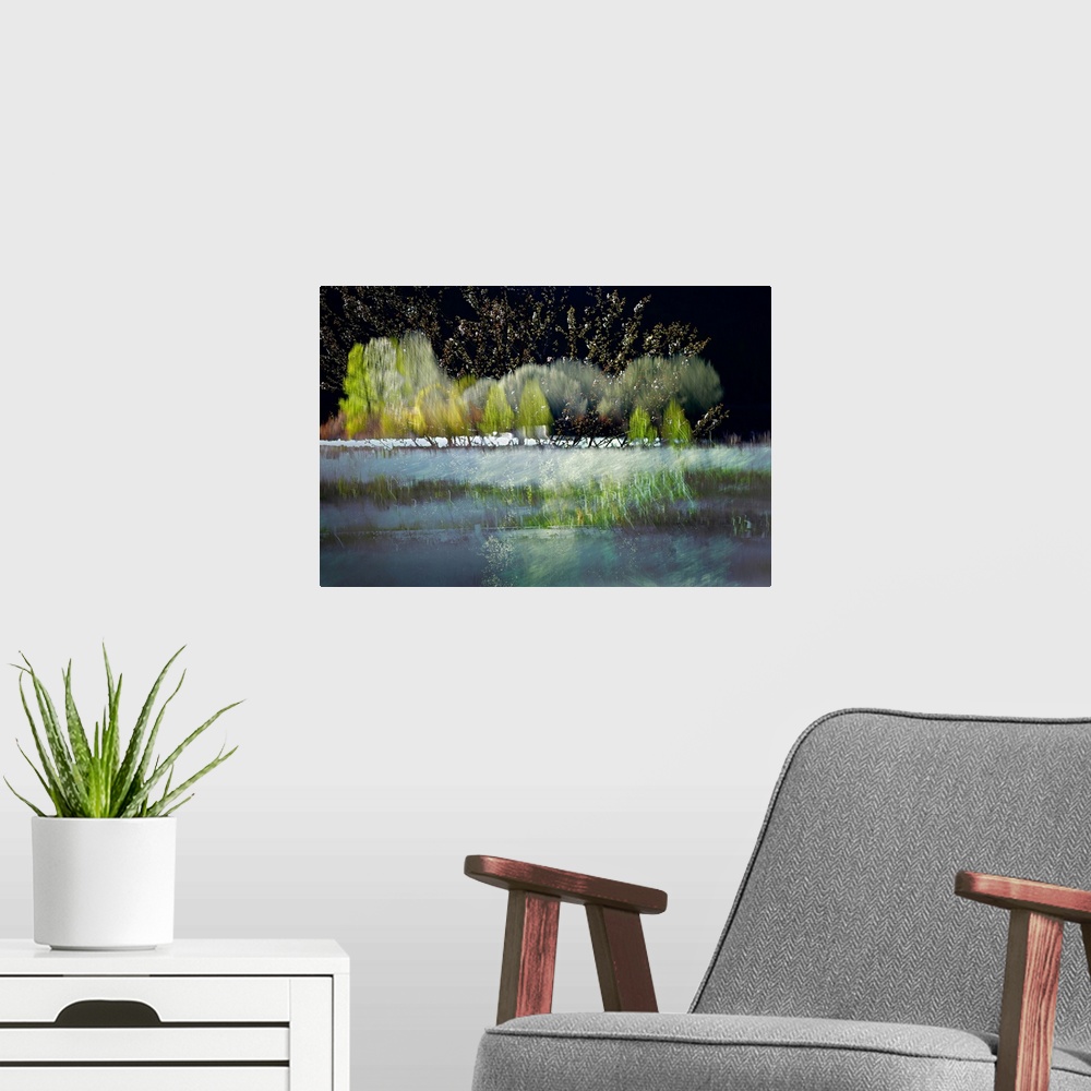 A modern room featuring An image representing the glorious joy felt at seeing trees and grasses come back to life in Spri...