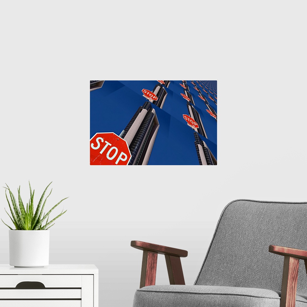 A modern room featuring Image of a stop sign and skyscraper repeated several times into a pattern, creating an abstract i...