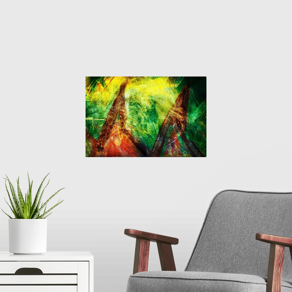 A modern room featuring Abstract image resembling two tepees in green, yellow, brown, and red hues.