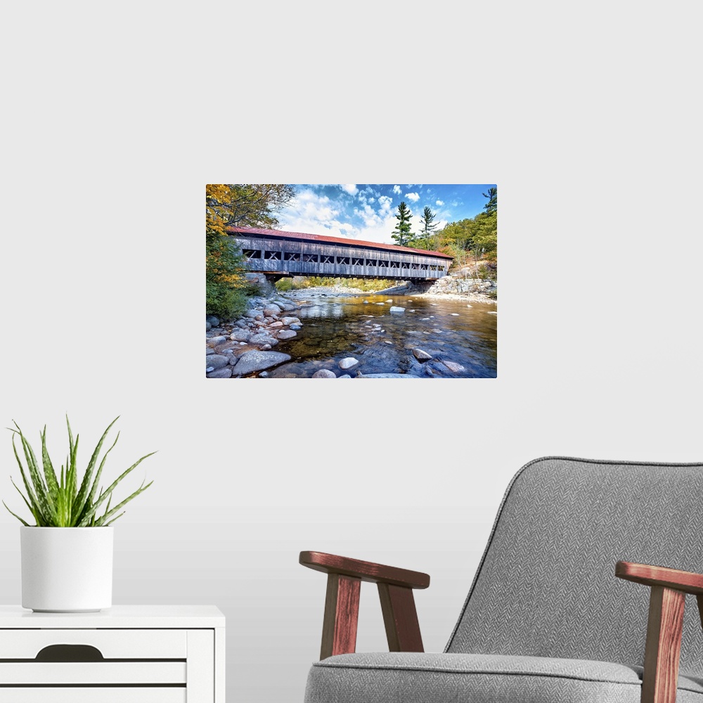 A modern room featuring The Albany Covered Bridge Over the Swift River at Fall, New Hampshire.