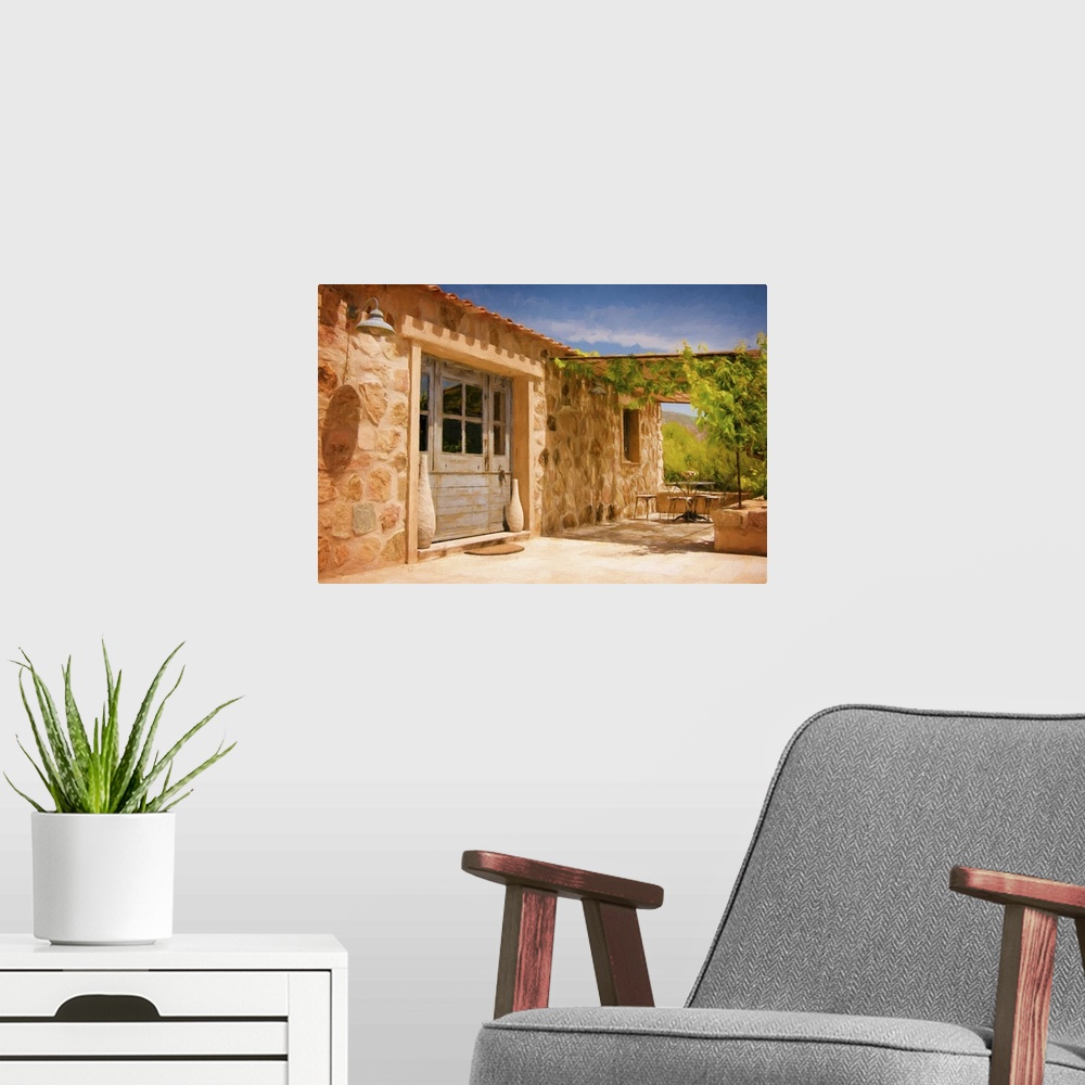 A modern room featuring A photograph of a country cottage.