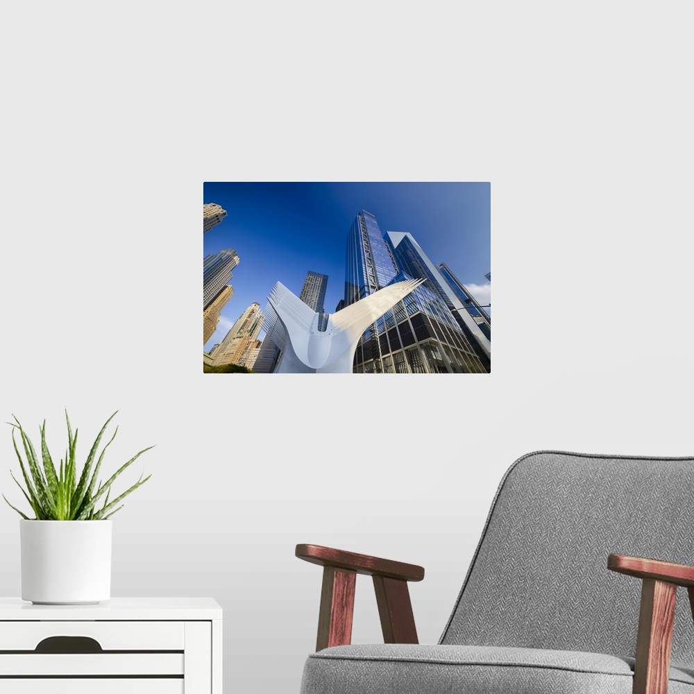 A modern room featuring Low Angle View of the Oculus World Trade Center, Manhattan, New York City, USA