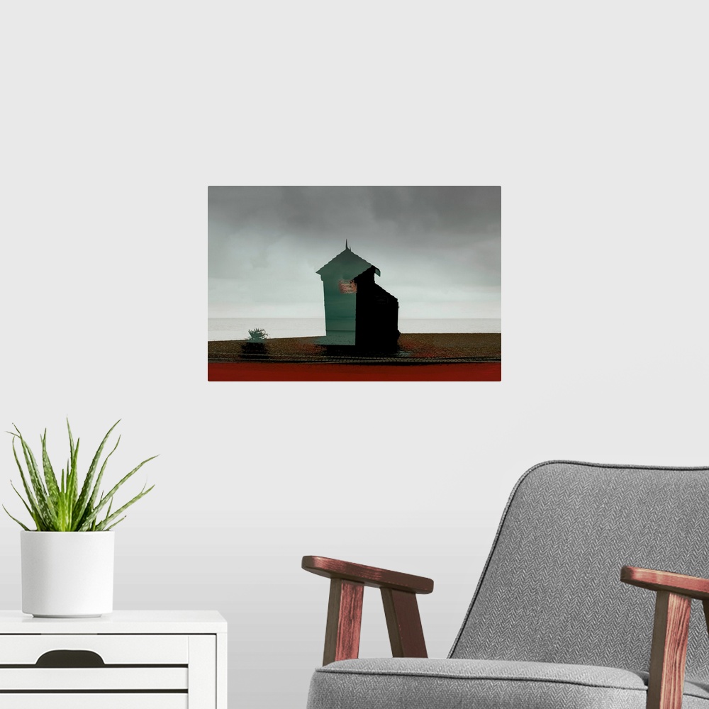 A modern room featuring Conceptual photograph of a smokehouse in an open landscape.
