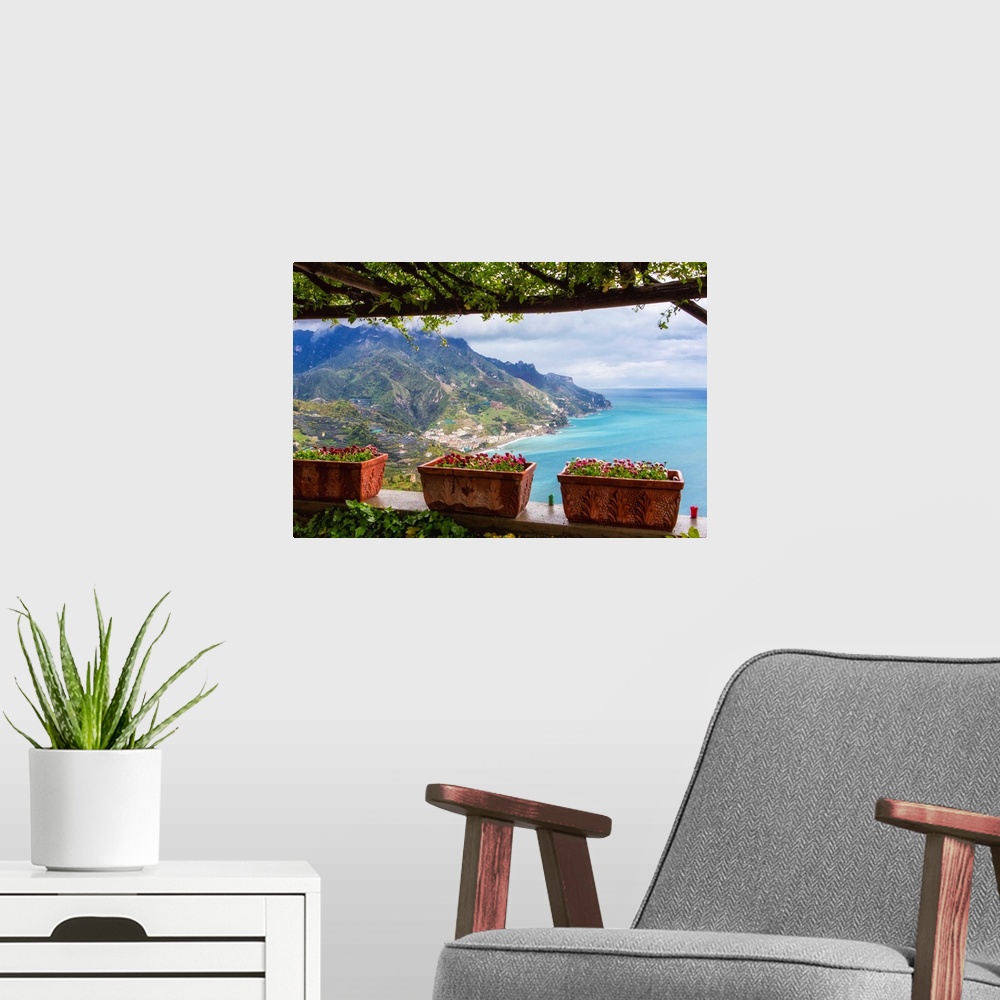 A modern room featuring Scenic view from Under a Trellis, Ravello, Amalfi Coast, Campania, Italy.