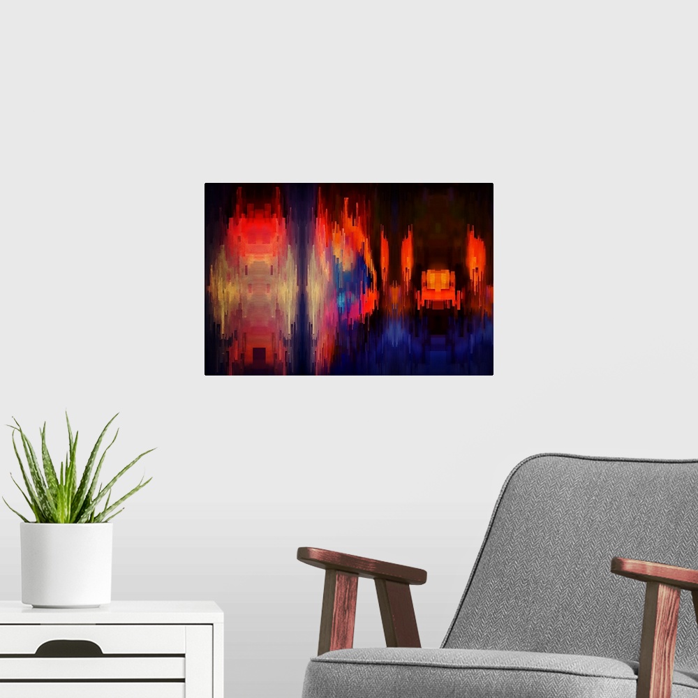 A modern room featuring Bright orange and blue lights from a city scene warped into stretched, square shapes to create an...