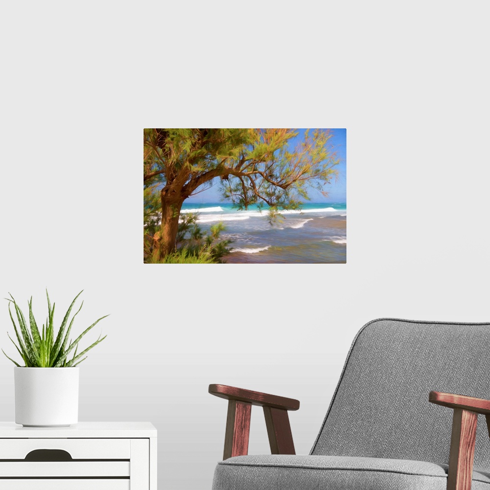 A modern room featuring A photograph of a beach seen through the underside of a trees hanging branches.