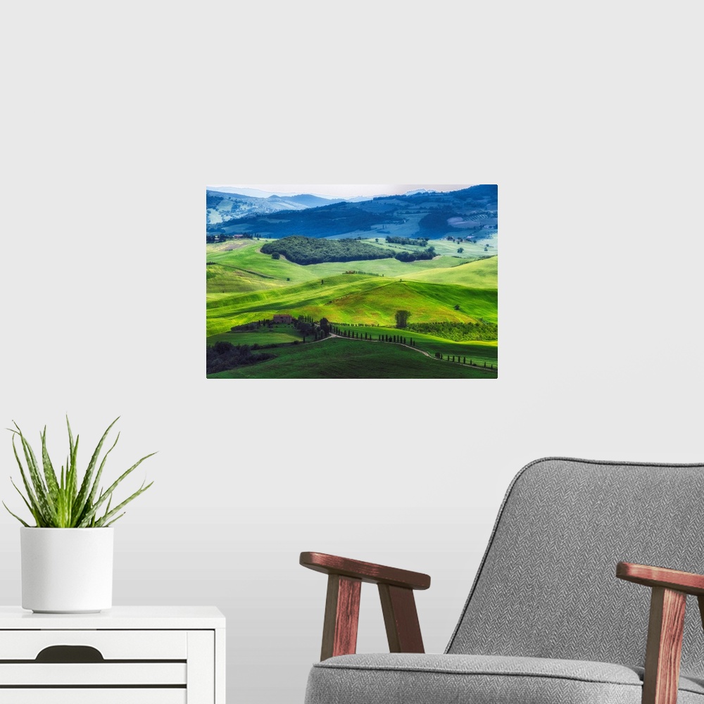 A modern room featuring Rolling hills with farms, Val d'Orcia, Tuscany, Italy.