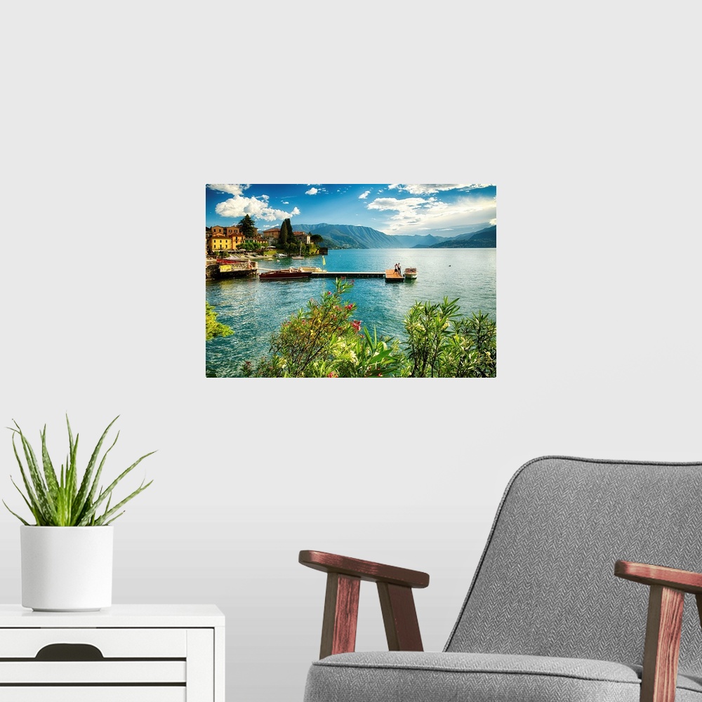 A modern room featuring Fine art photo of a pier leading out to the center of a lake in Italy.
