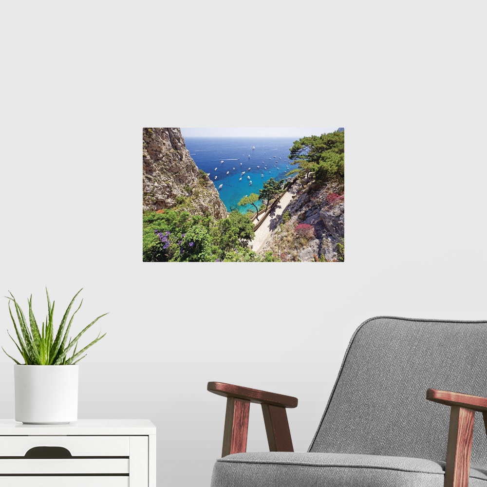 A modern room featuring High Angle View of Coastline with a Trail, Via Krupps, Capri, Campania, Italy.