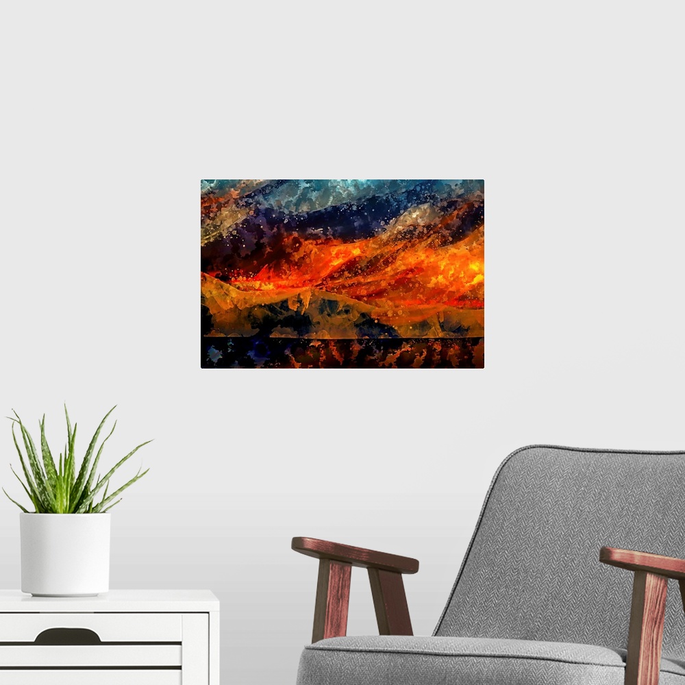 A modern room featuring An eruption of warm colors wrestling cool shades in this abstract artwork.