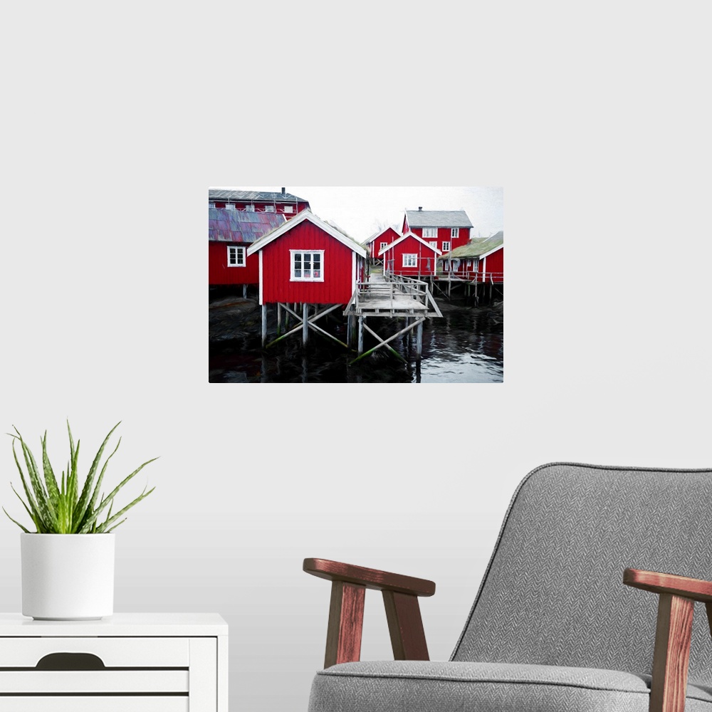 A modern room featuring A photograph of a red building village.