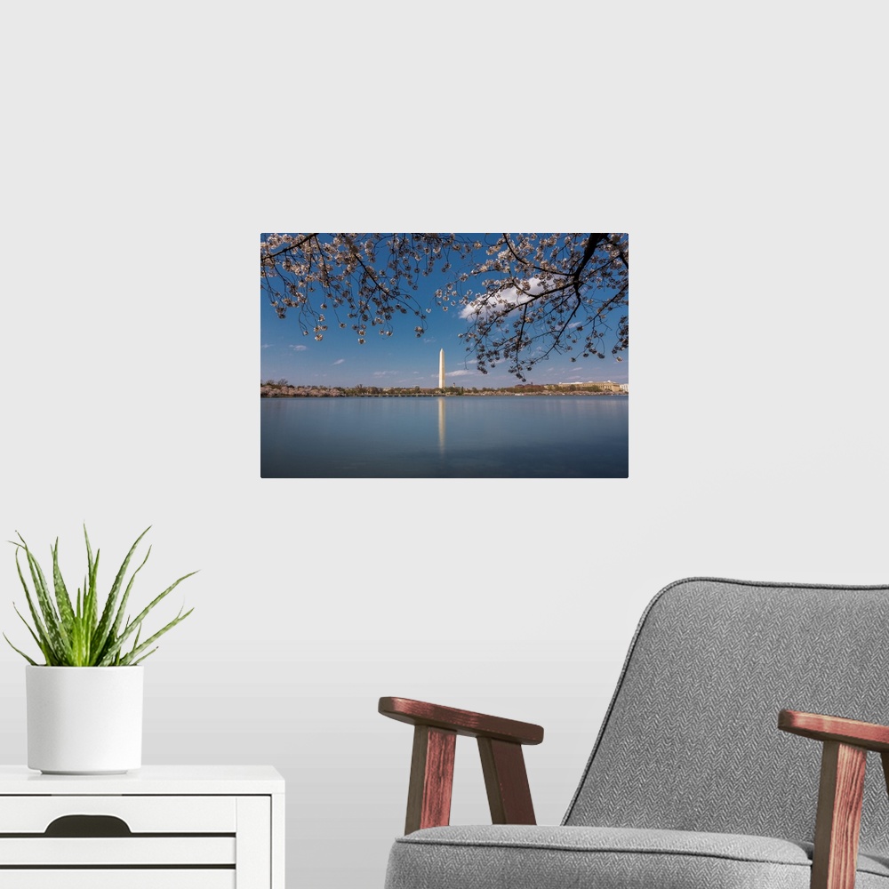 A modern room featuring Daytime long exposure of Washington Monument and its reflection in Tidal Basin in the spring.