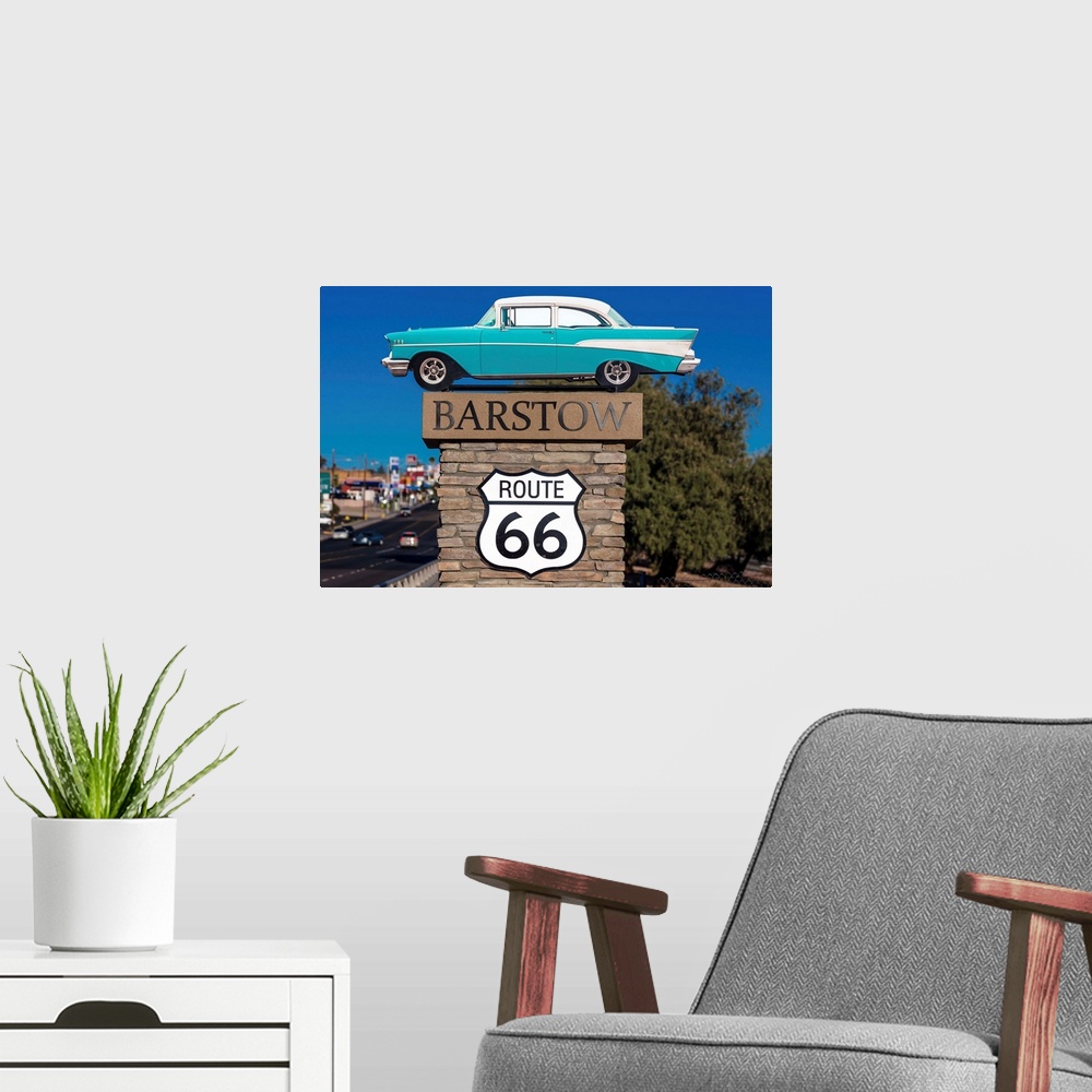 A modern room featuring 1957 chevy welcomes travelers to barstow california and old route 66.