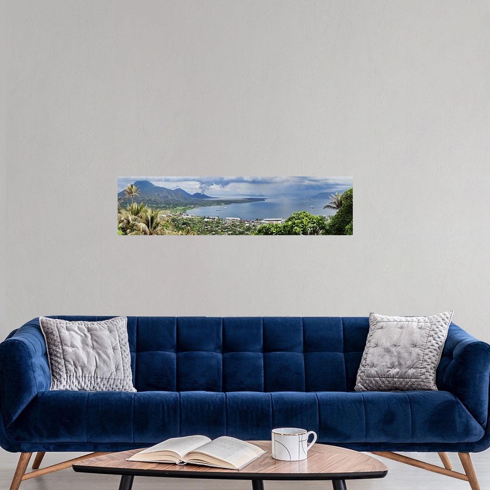 A modern room featuring High angle view of a town on the coast with volcano in the background, Tavurvur, Rabaul, East New...