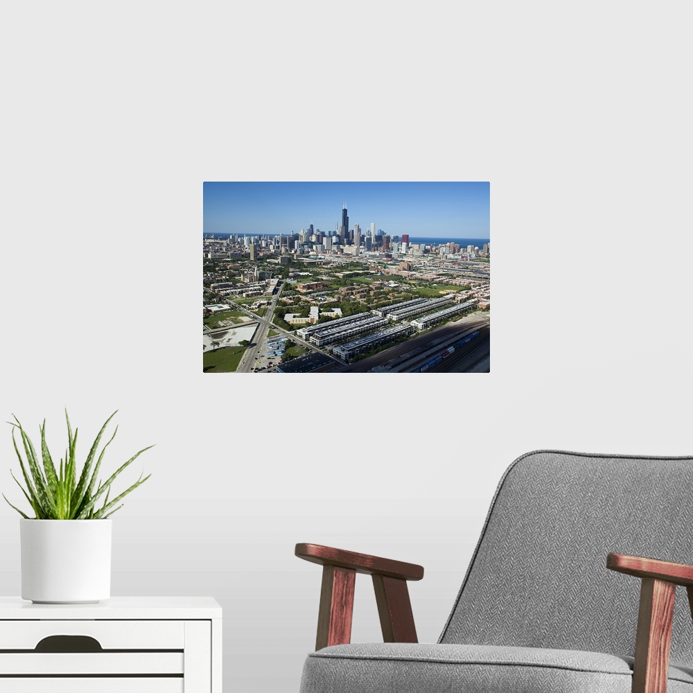 A modern room featuring Aerial view of a city, Chicago, Cook County, Illinois, USA
