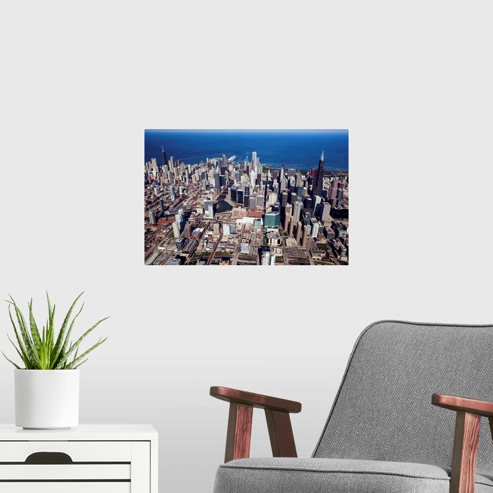 A modern room featuring Aerial view of a city, Lake Michigan, Chicago, Cook County, Illinois, USA
