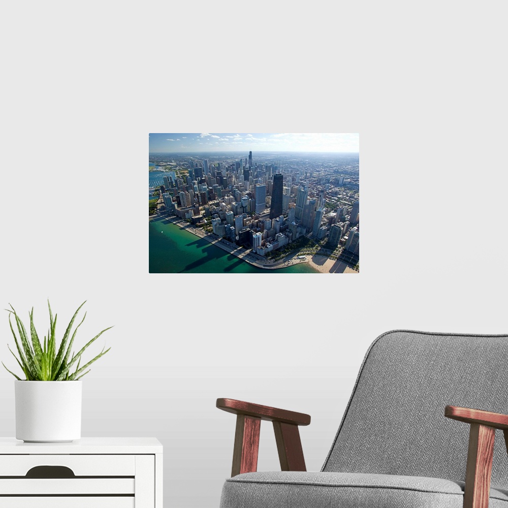 A modern room featuring Aerial view of a city, Oak Street Beach, Lake Michigan, Chicago, Cook County, Illinois, USA