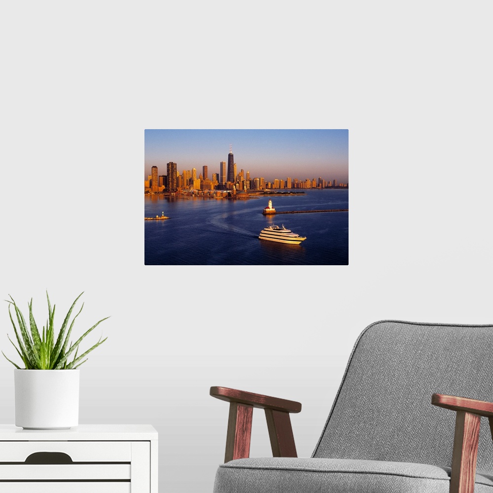 A modern room featuring Aerial view of Chicago skyline at sunrise, Chicago, Cook County, Illinois, USA