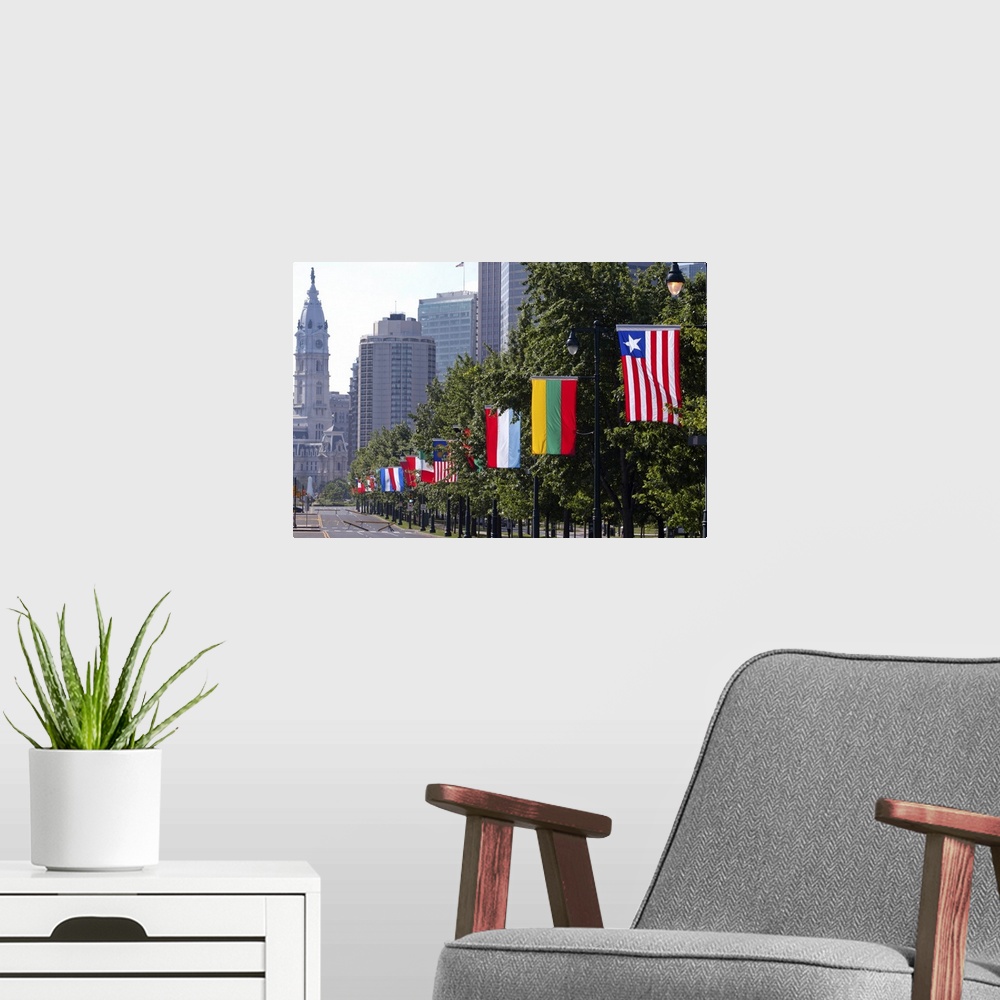A modern room featuring National flags of various countries at Benjamin Franklin Parkway, Philadelphia, Pennsylvania, USA