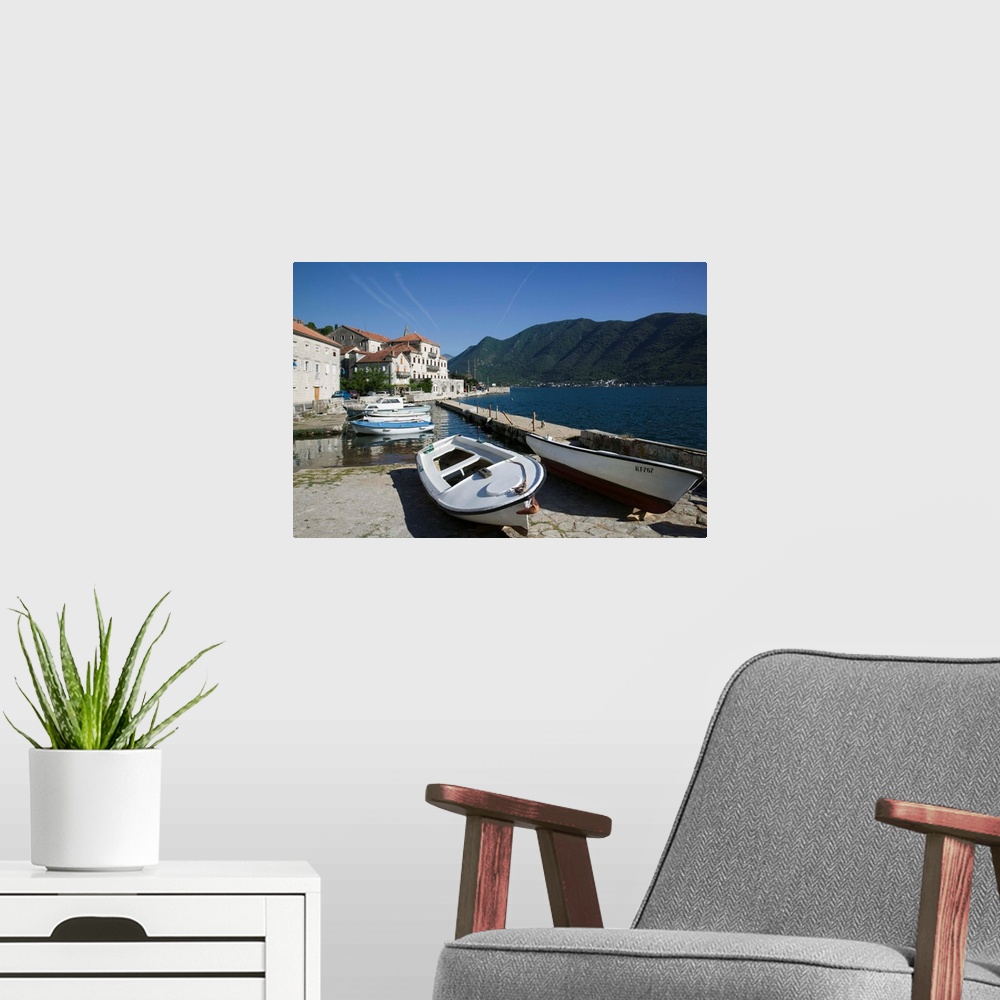 A modern room featuring Boats at a harbor, Perast, Bay of Kotor, Kotor, Montenegro