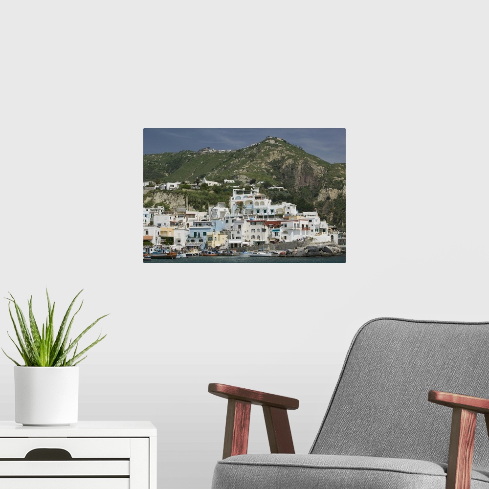 A modern room featuring Boats docked at a port, Sant Angelo Beach, Ischia, Naples, Campania, Italy