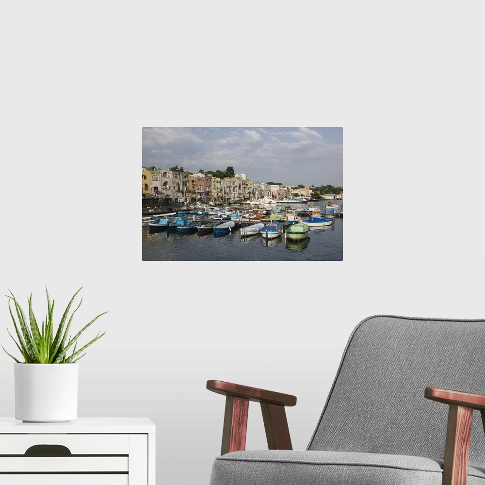 A modern room featuring Boats moored at a port, Procida, Naples, Campania, Italy