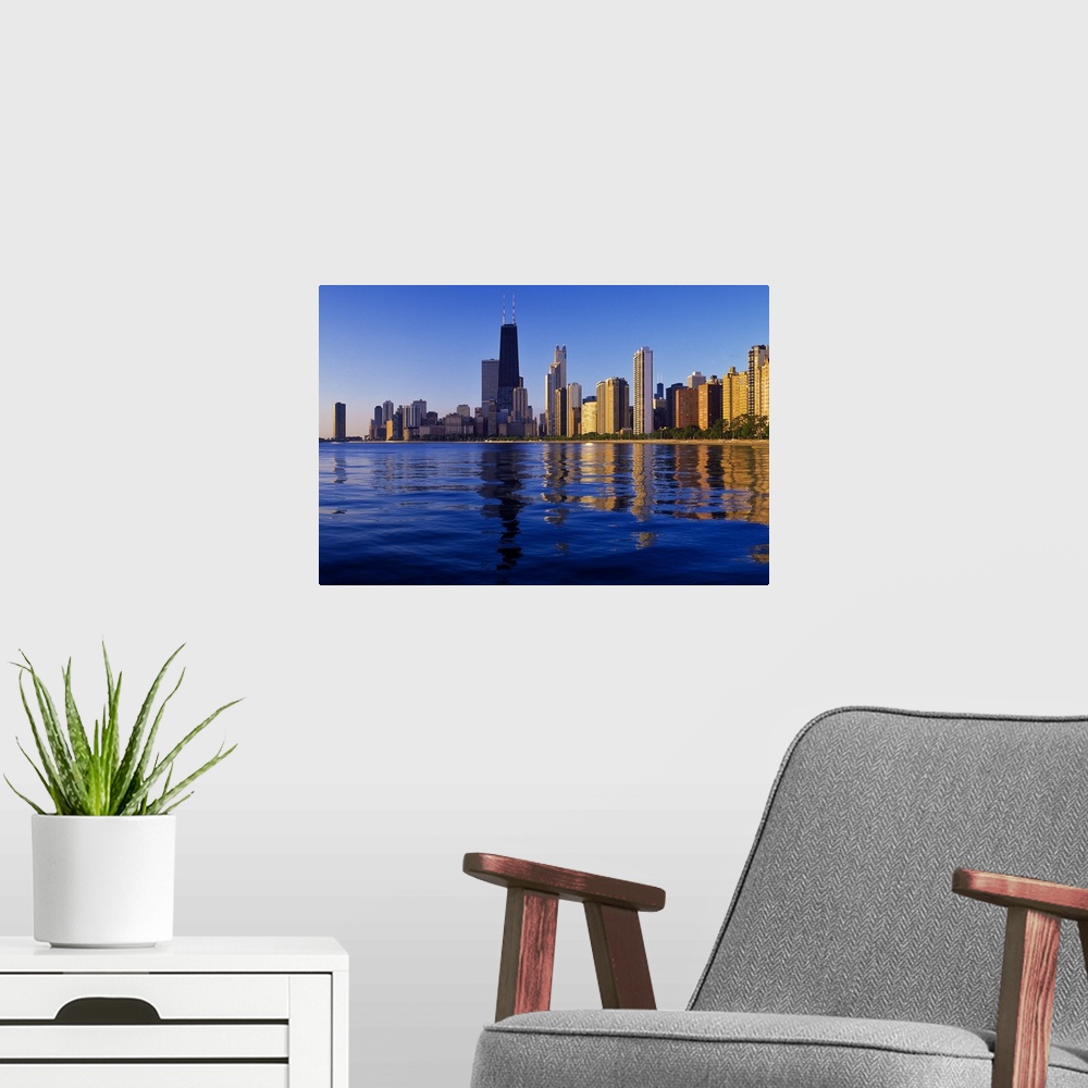 A modern room featuring Buildings at the waterfront, Lake Michigan, Chicago, Cook County, Illinois