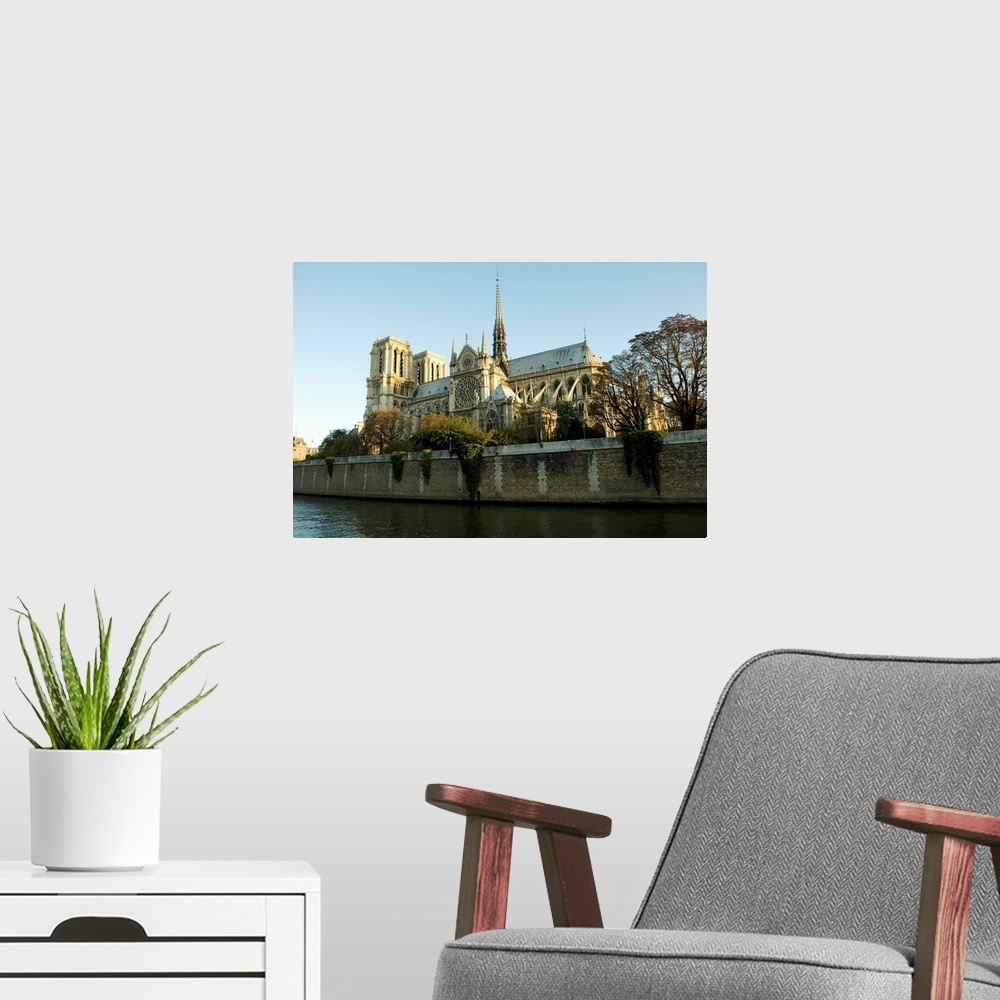 A modern room featuring Cathedral at the waterfront, Notre Dame, Seine River, Paris, Ile-De-France, France