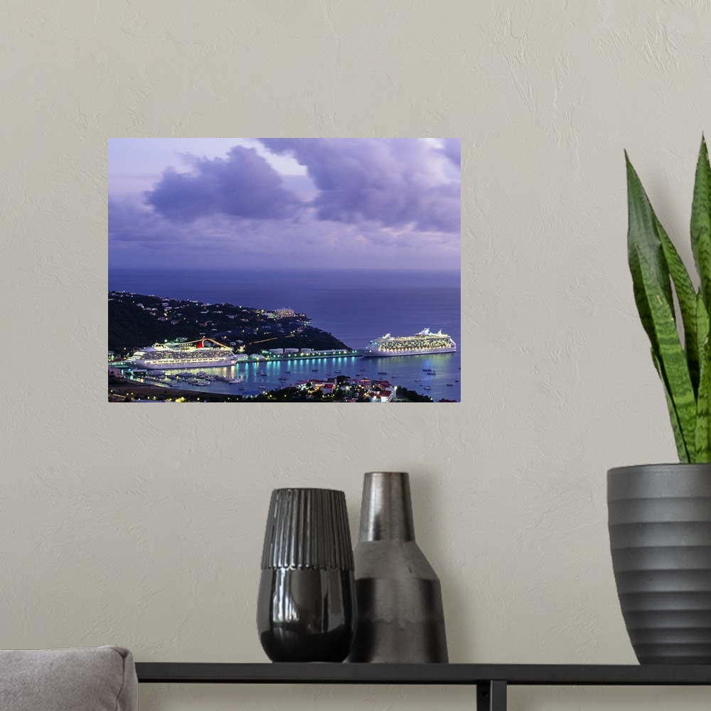 A modern room featuring This decorative wall art is a landscape photograph of tourist cruise ships docking in a Caribbean...