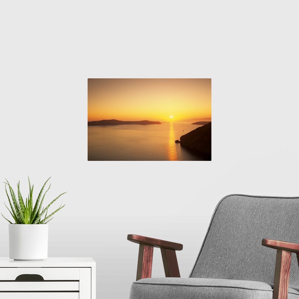 A modern room featuring Cliffs at sunset, Fira, Santorini, Cyclades Islands, Greece
