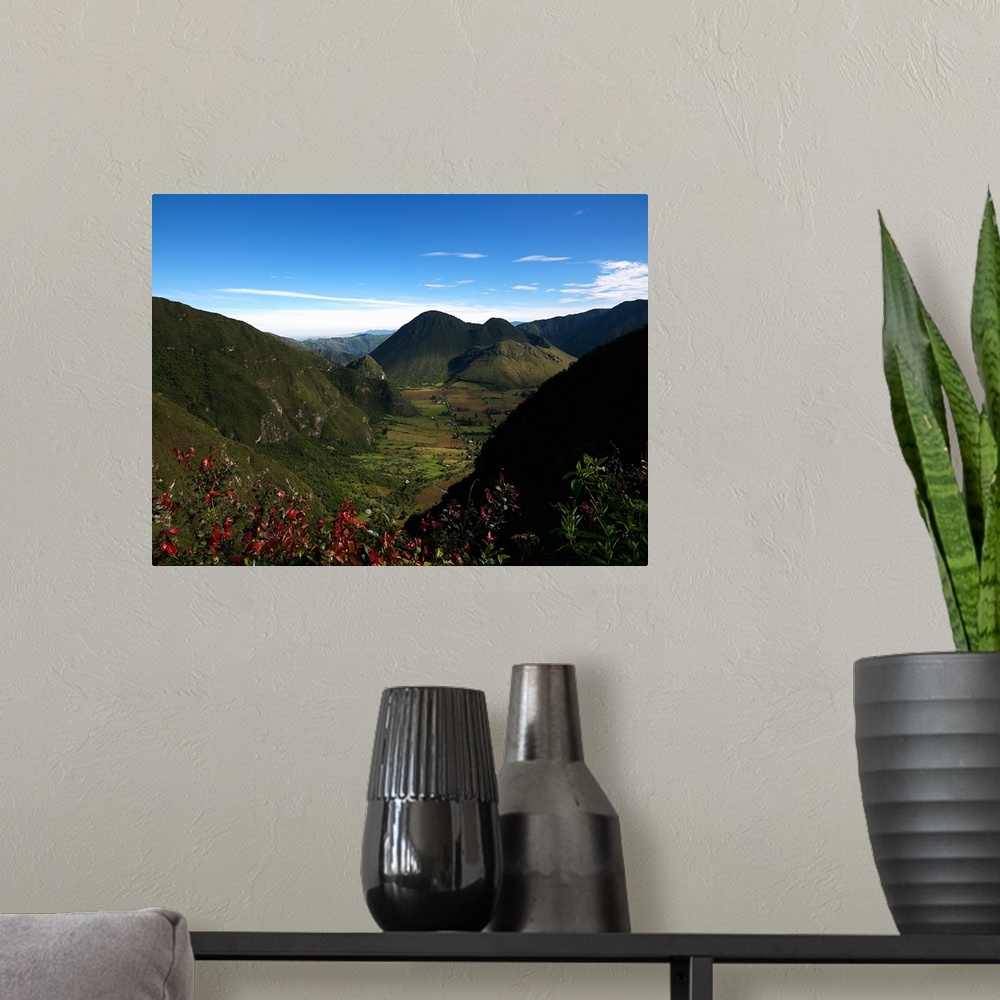 A modern room featuring Cultivated field surrounding by hills, Pululahua volcano, Cotopaxi National Park, Quito, Ecuador