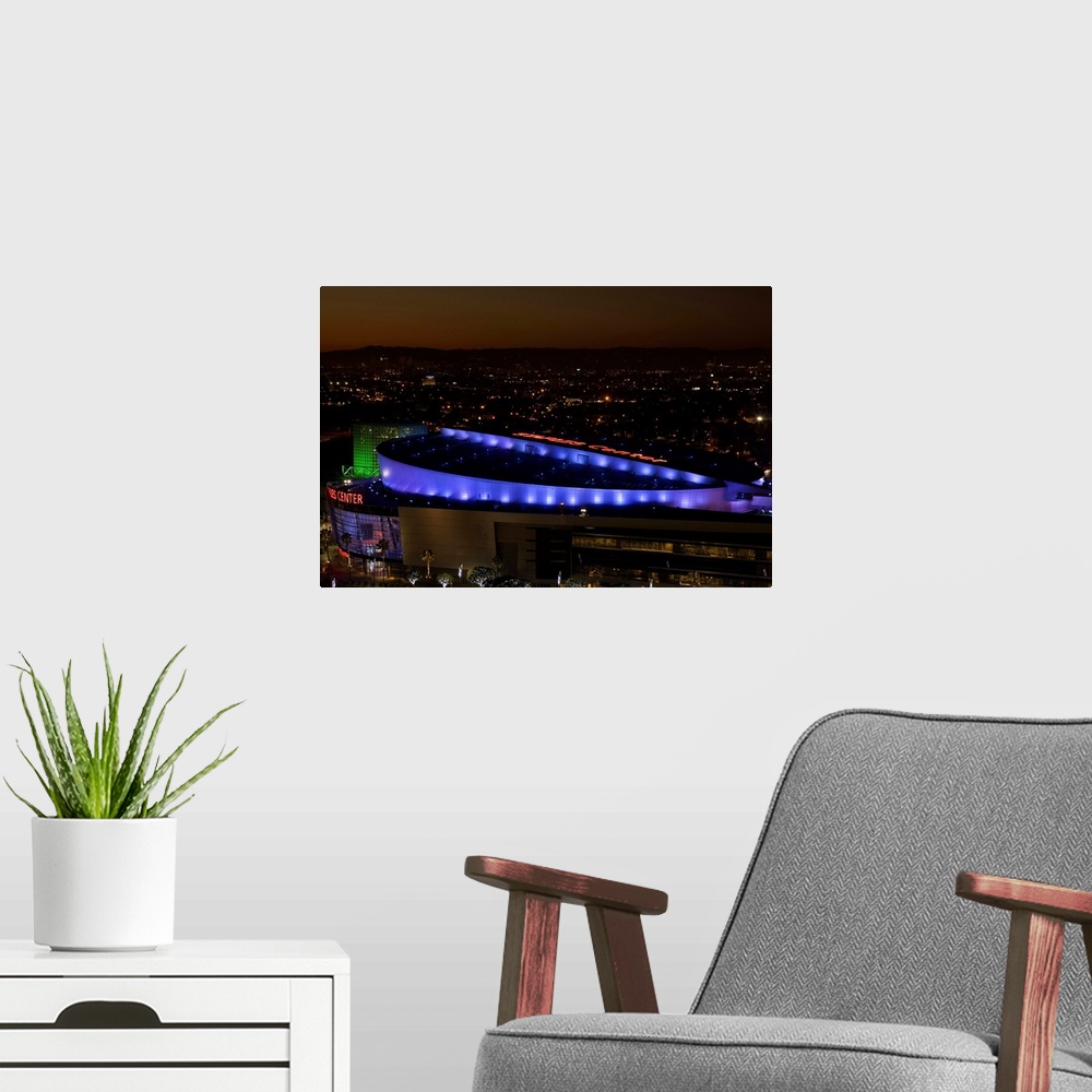 A modern room featuring USA, California, Los Angeles, Downtown, aerial of Staples Center, dusk