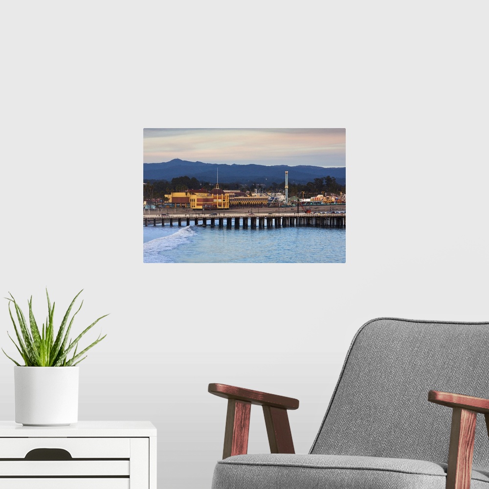A modern room featuring Harbor and Municipal Wharf at dusk, Santa Cruz, California