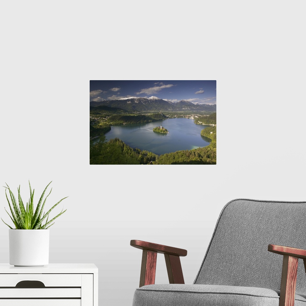 A modern room featuring High angle view of a lake, Lake Bled, Julian Alps, Bled, Gorenjska, Slovenia
