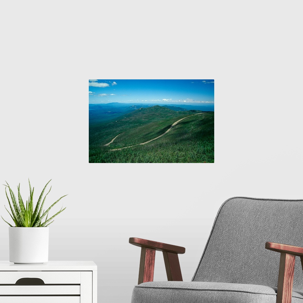 A modern room featuring High angle view of road winding through Adirondack Mountain Range, Whiteface Mountain, New York