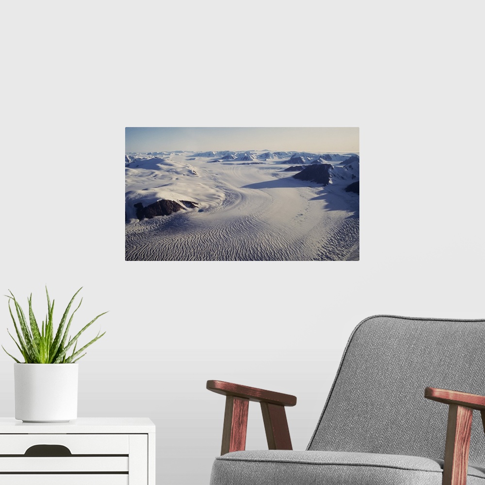 A modern room featuring High angle view of snowcapped mountains, Ellesmere Island, Canada