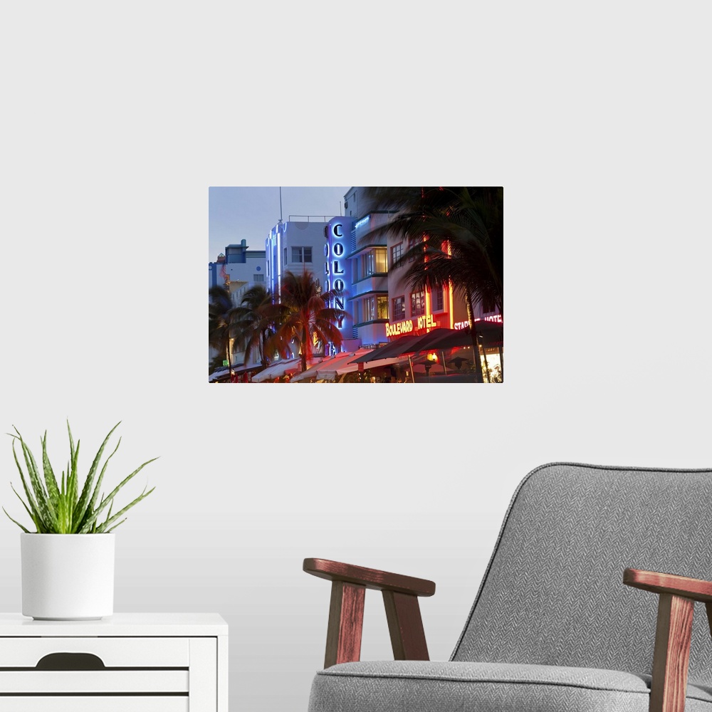 A modern room featuring Hotels lit up at dusk in a city, Miami, Miami-Dade County, Florida