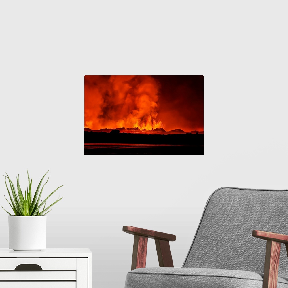 A modern room featuring Lava fountains at night, eruption at the Holuhraun Fissure, near the Bardarbunga Volcano, Iceland