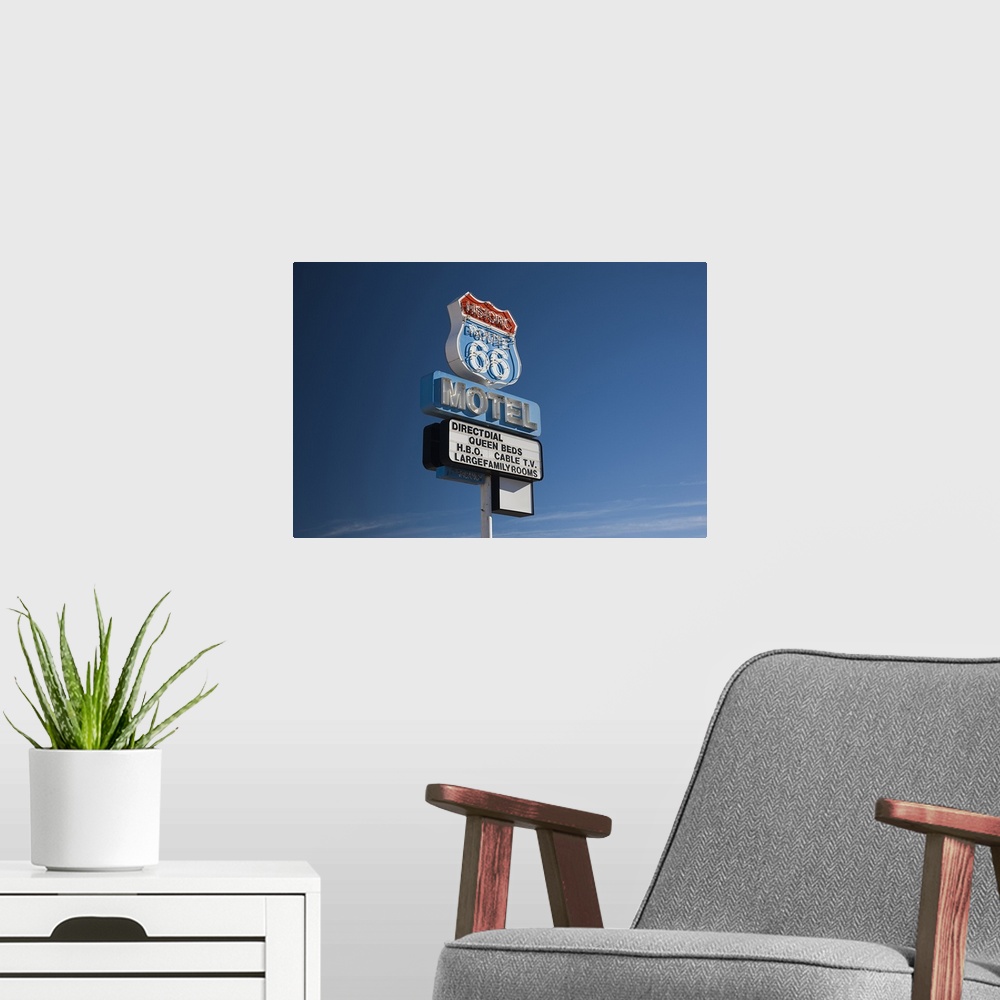 A modern room featuring Low angle view of a motel sign, Route 66, Seligman, Yavapai County, Arizona, USA