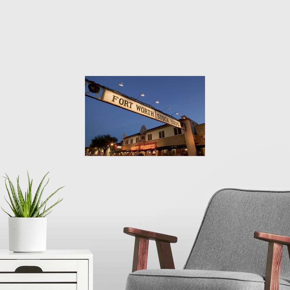A modern room featuring Low angle view of a signboard over a street, Fort Worth Stockyards, Fort Worth, Texas