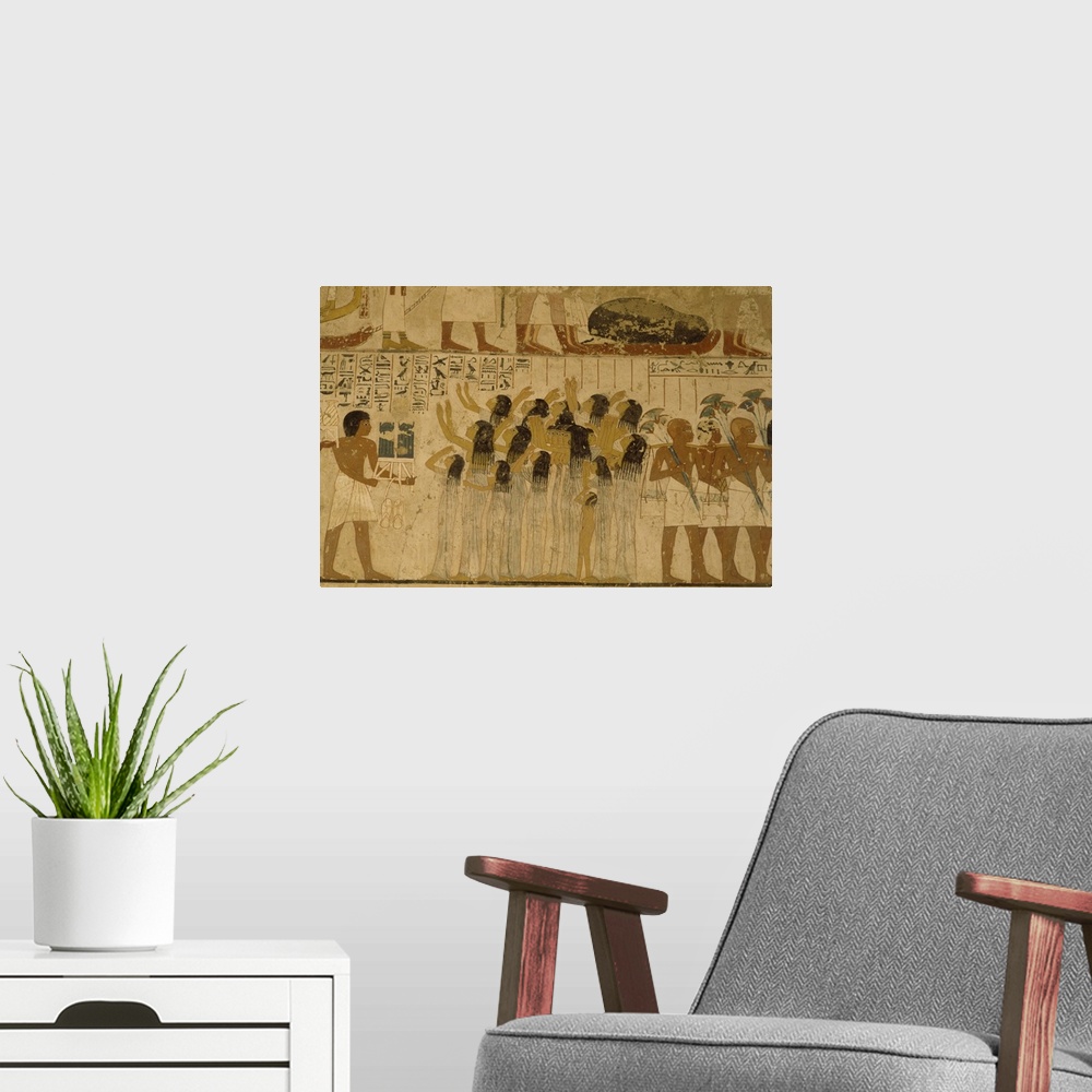 A modern room featuring Horizontal, large wall picture of an Egyptian mural displaying the practices and rituals held dur...