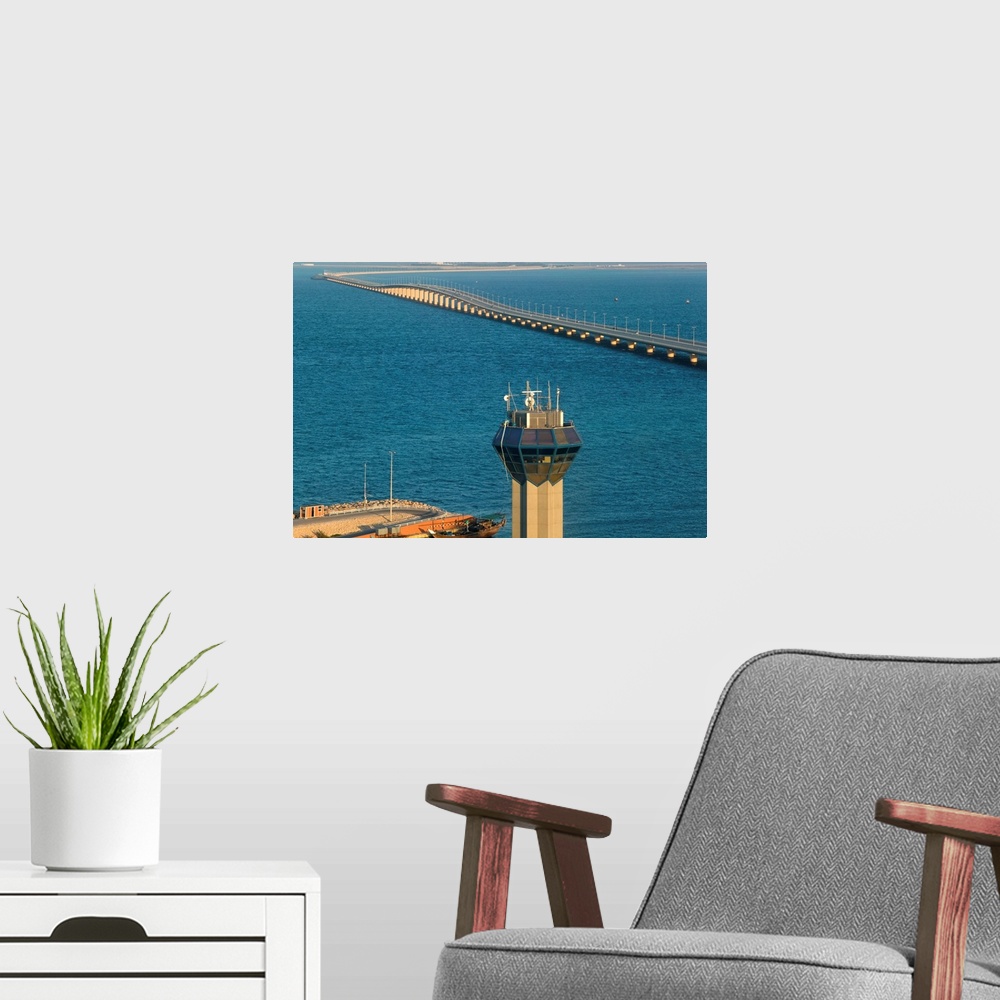 A modern room featuring Observation tower and causeway in the sea, King Fahd Causeway, Bahrain