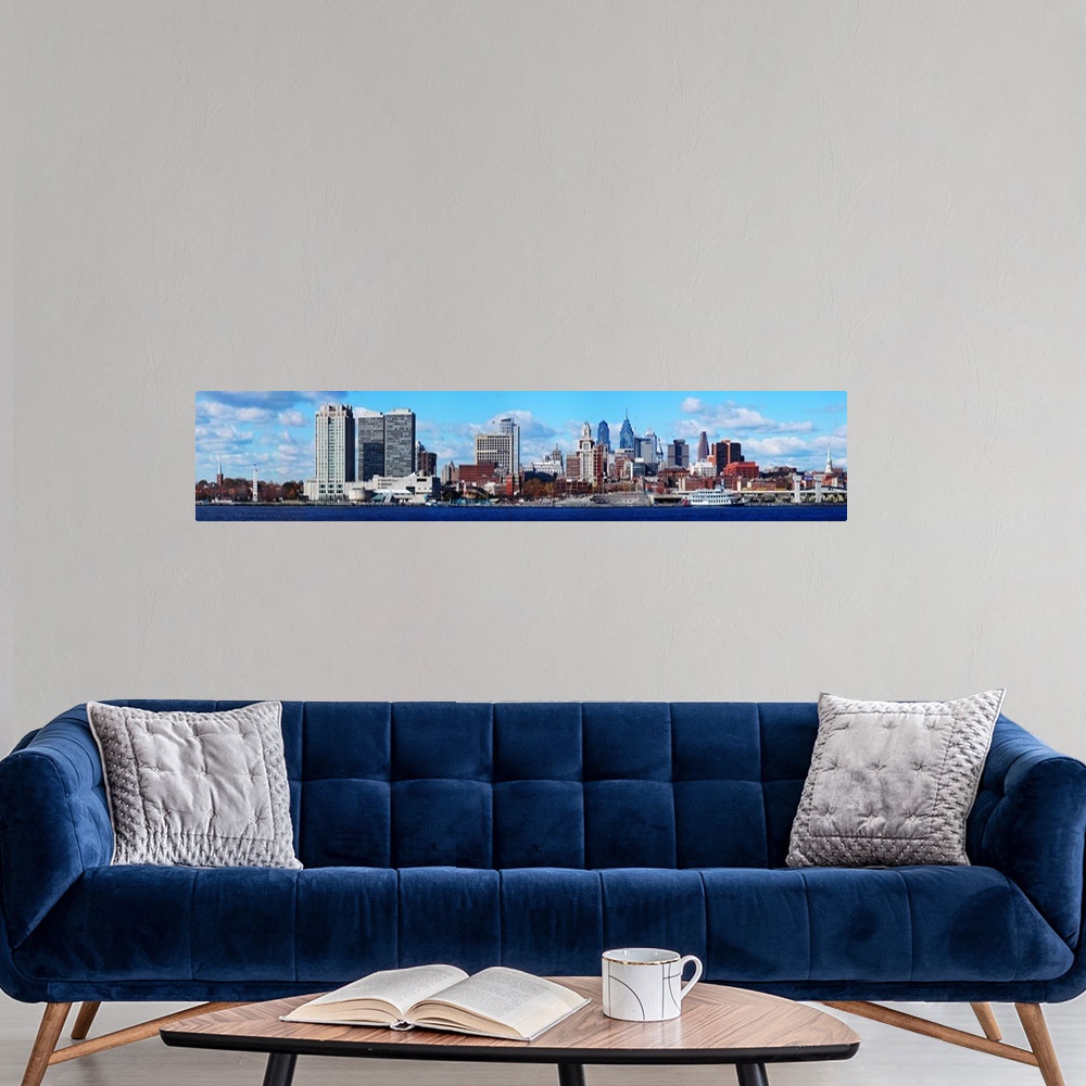 A modern room featuring Panoramic view of a city at the waterfront, Delaware River, Philadelphia, Pennsylvania