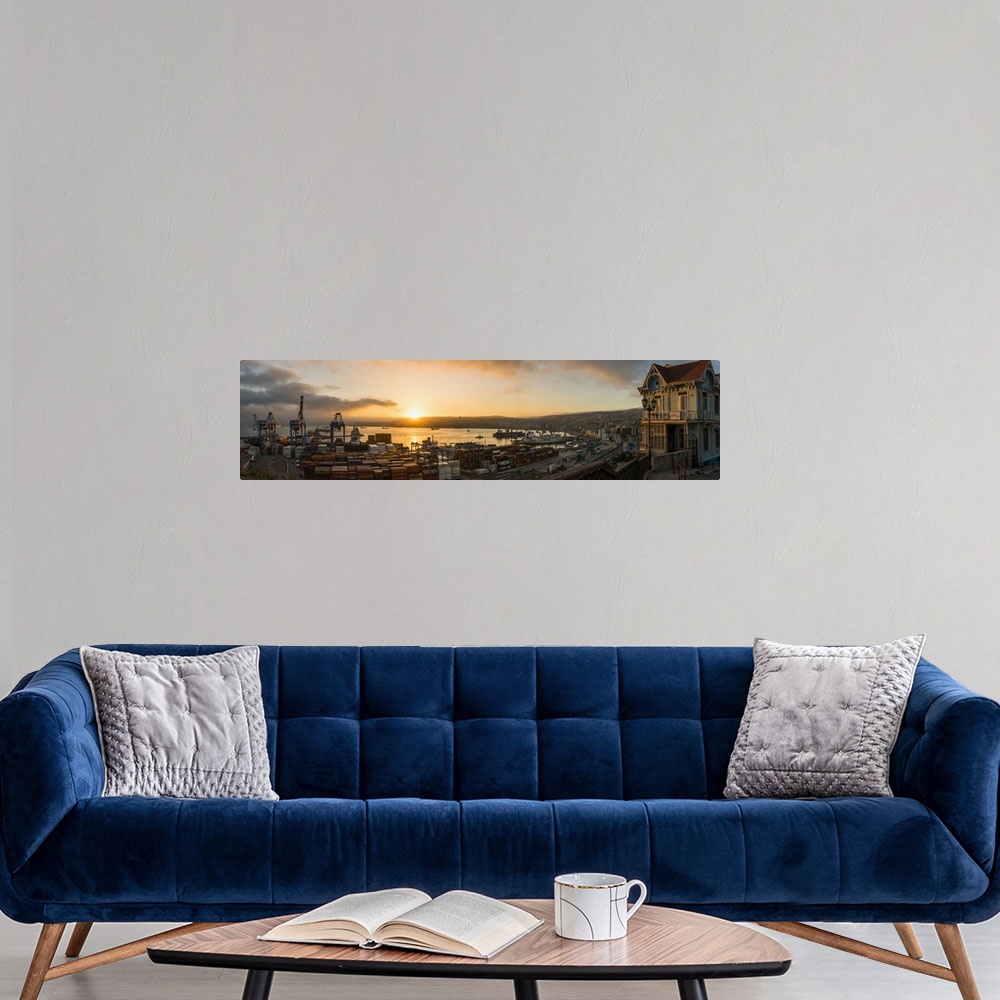 A modern room featuring View of city and ports at dawn from Paseo 21 de Mayo, Playa Ancha, Valparaiso, Central Coast, Chile.