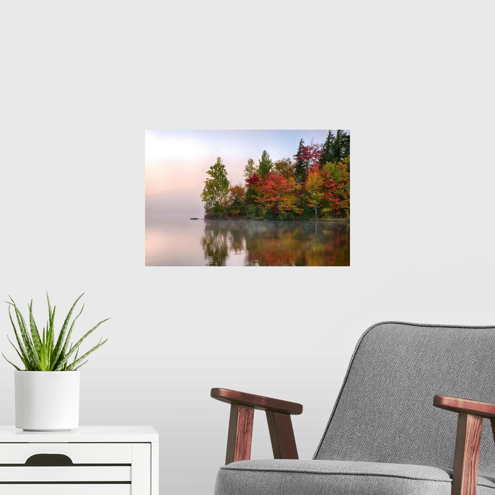 A modern room featuring Reflection of trees on water, Seventh Lake, Adirondack Mountains State Park, New York State, USA