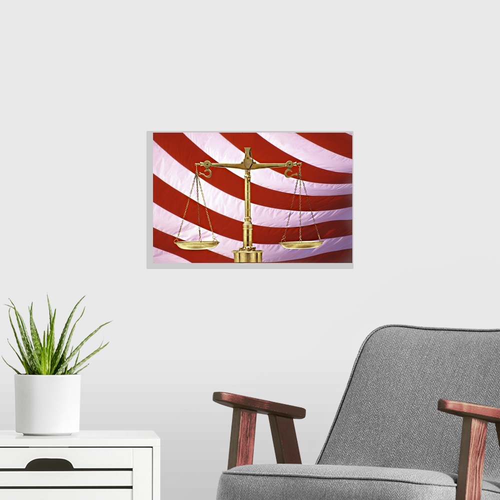 A modern room featuring Scales of Justice American Flag